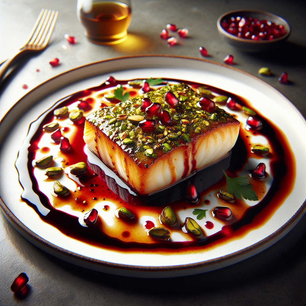 Pistachio Crusted Halibut with Pomegranate Reduction